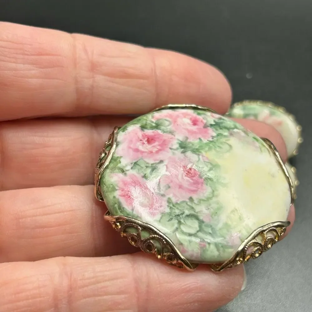 Vintage Victorian Hand painted porcelain brooch and earrings #647 Roses